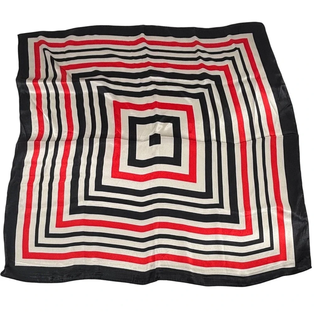 Red Black Cream Geometric Square Satin Scarf‎ 22x22 Modern Graphic Neck Scarf